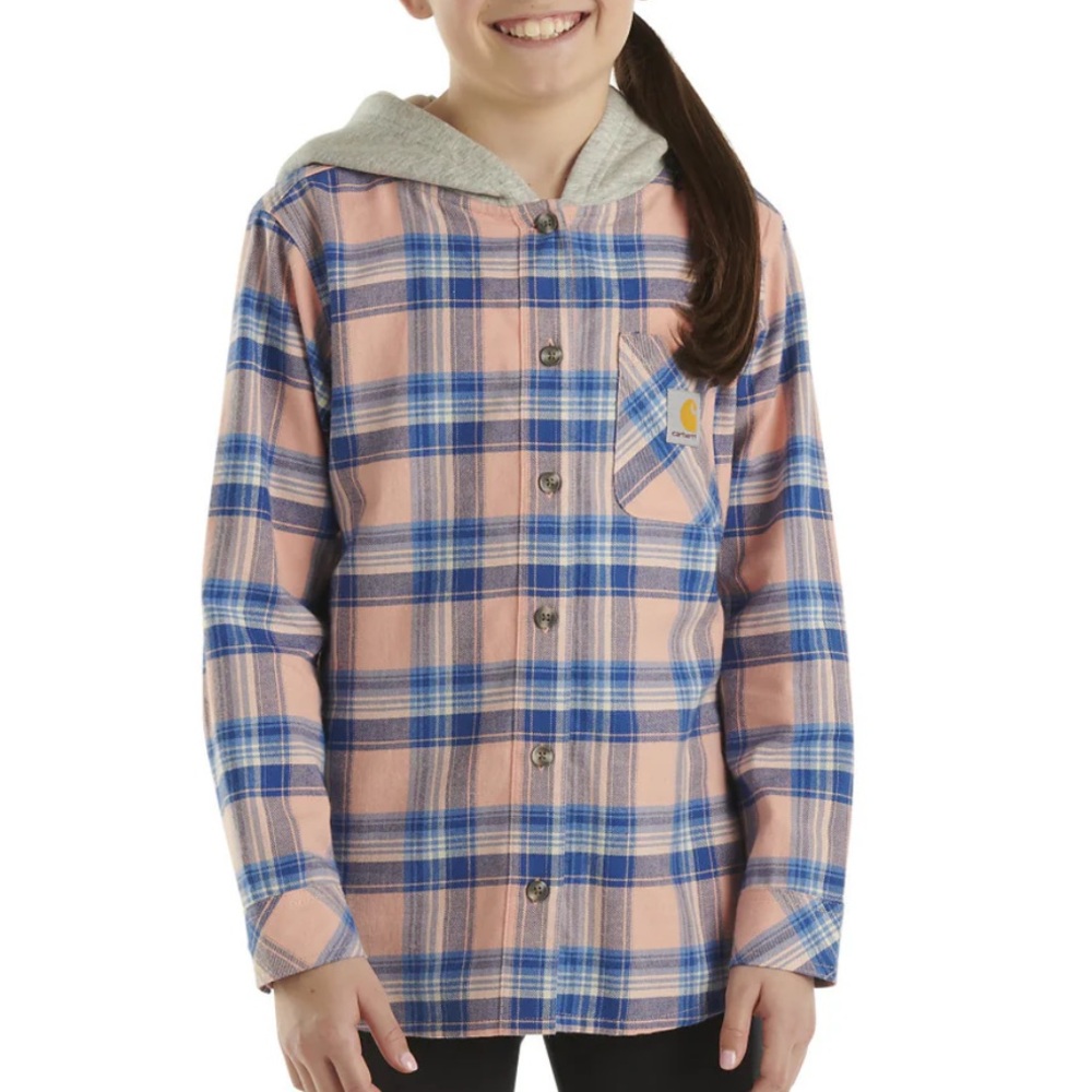 Carhartt- Girl's Long-Sleeve Pink and Blue Flannel Button-Front Hooded Shirt